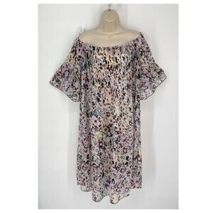Ganni Egret NEW Off-shoulder Pleated Floral Sheer Georgette Dress SZ 40 / Large